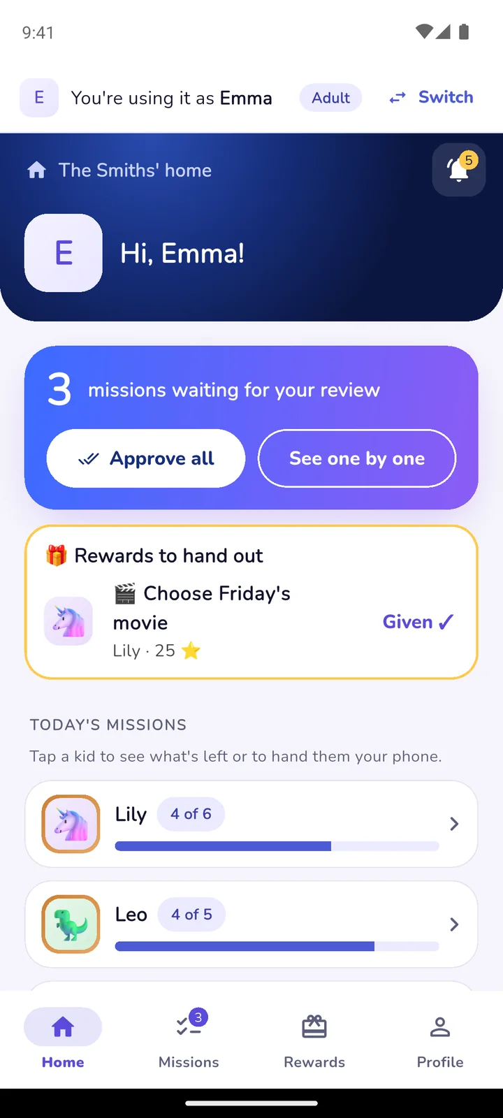 Parent home screen with three missions waiting for review