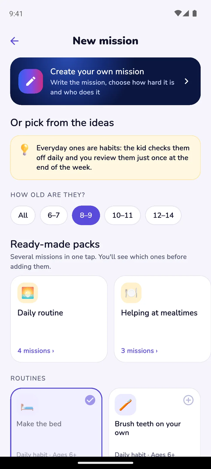 New mission screen with ideas by age and ready-made packs