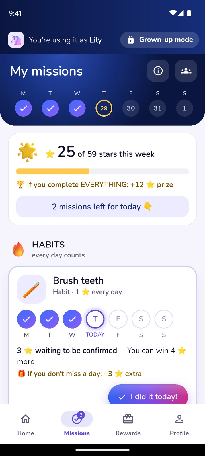 A kid's missions screen with this week's habits