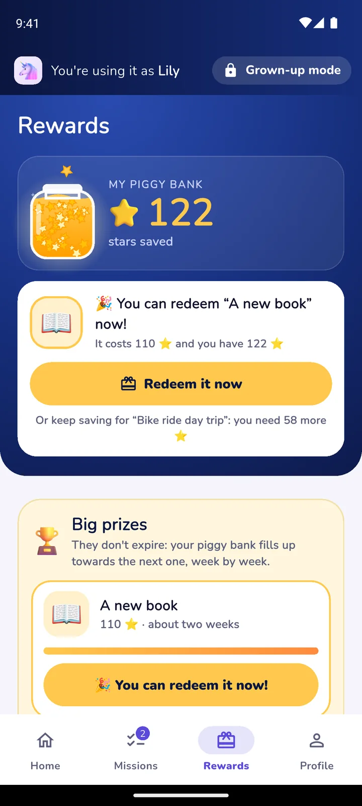 A kid's piggy bank with 122 stars and their next big prize