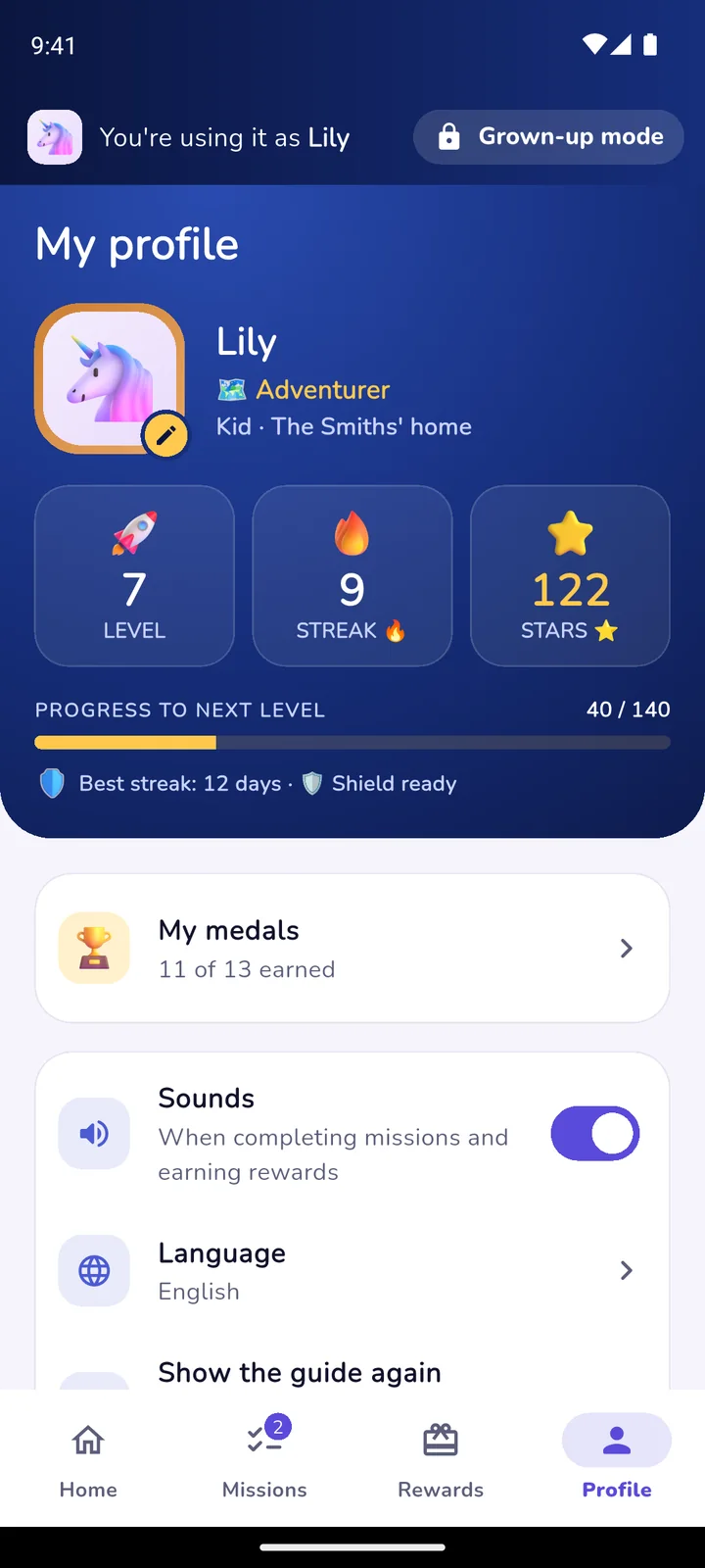 A kid's profile with level 7, a 9-week streak and badges