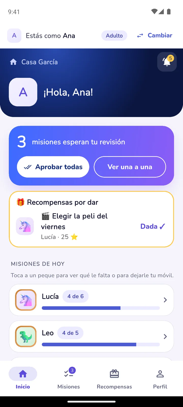 Inicio del adulto con tres misiones esperando revisión