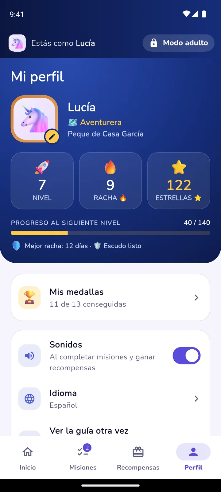 Perfil de un peque con nivel 7, racha de 9 semanas y medallas